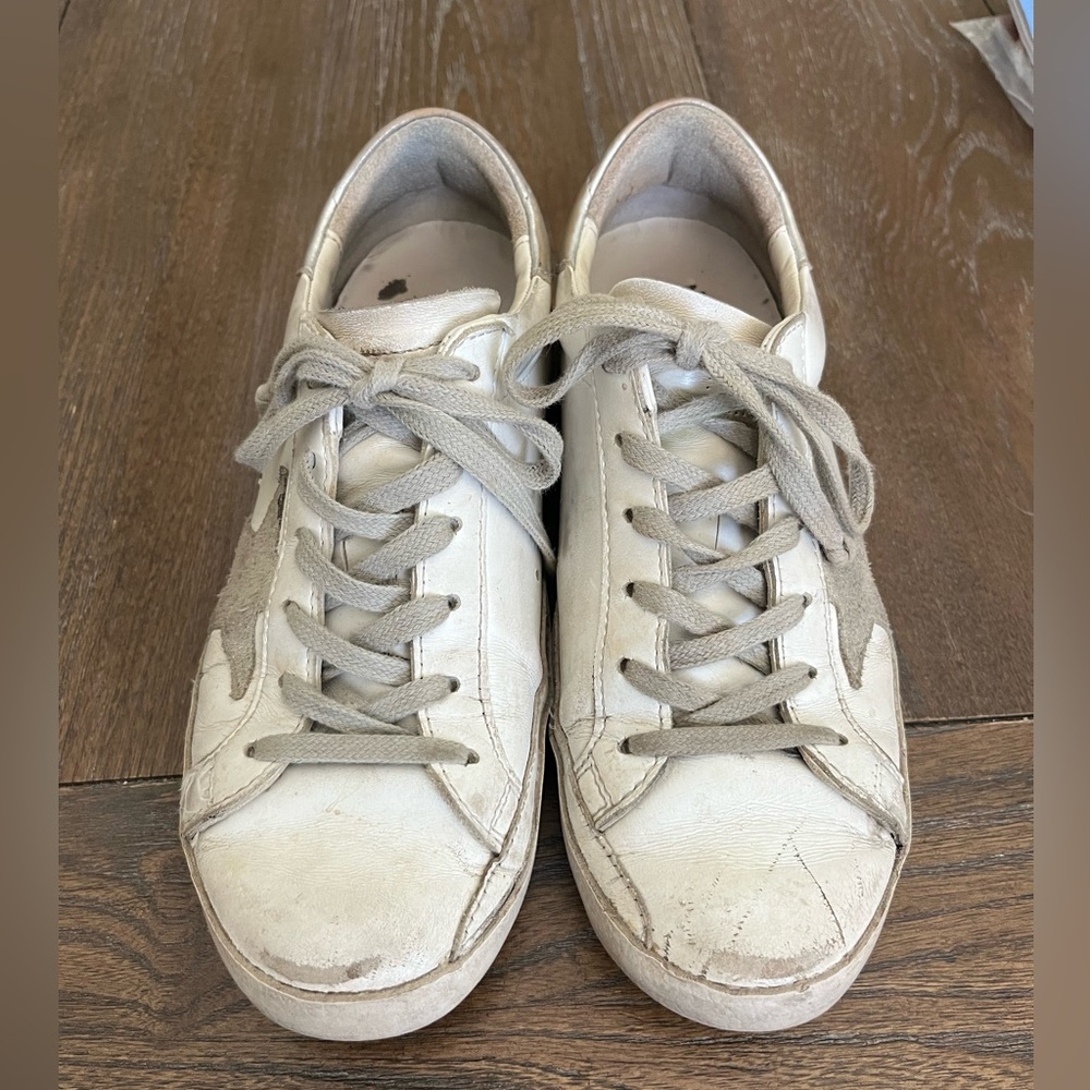 Golden Goose Metallic Silver and White Sneakers